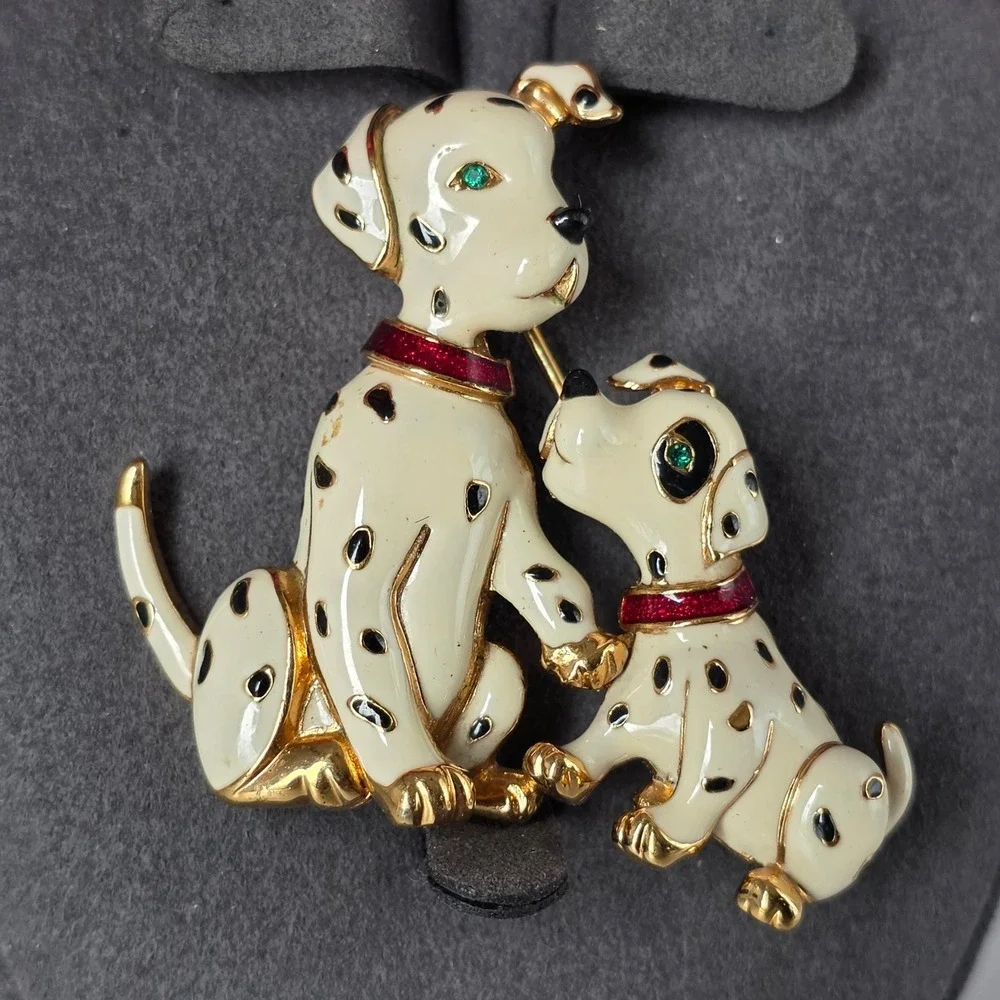 Vintage Dalmatian Dog and Puppy Enamel Brooch Gold Tone Animal Pin White Black
